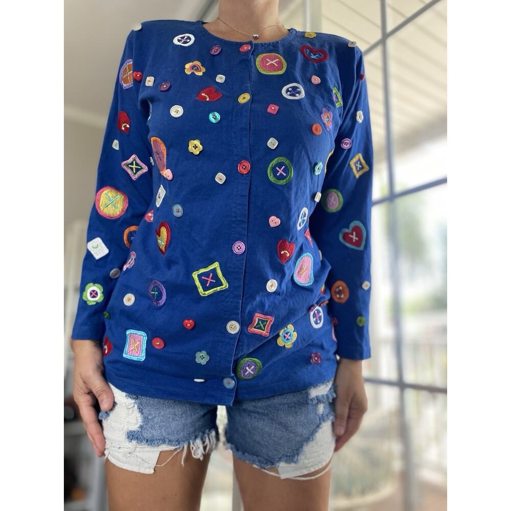 MICHAEL SIMON LITE Blue colorful embroidered Spring Love theme cardigan S